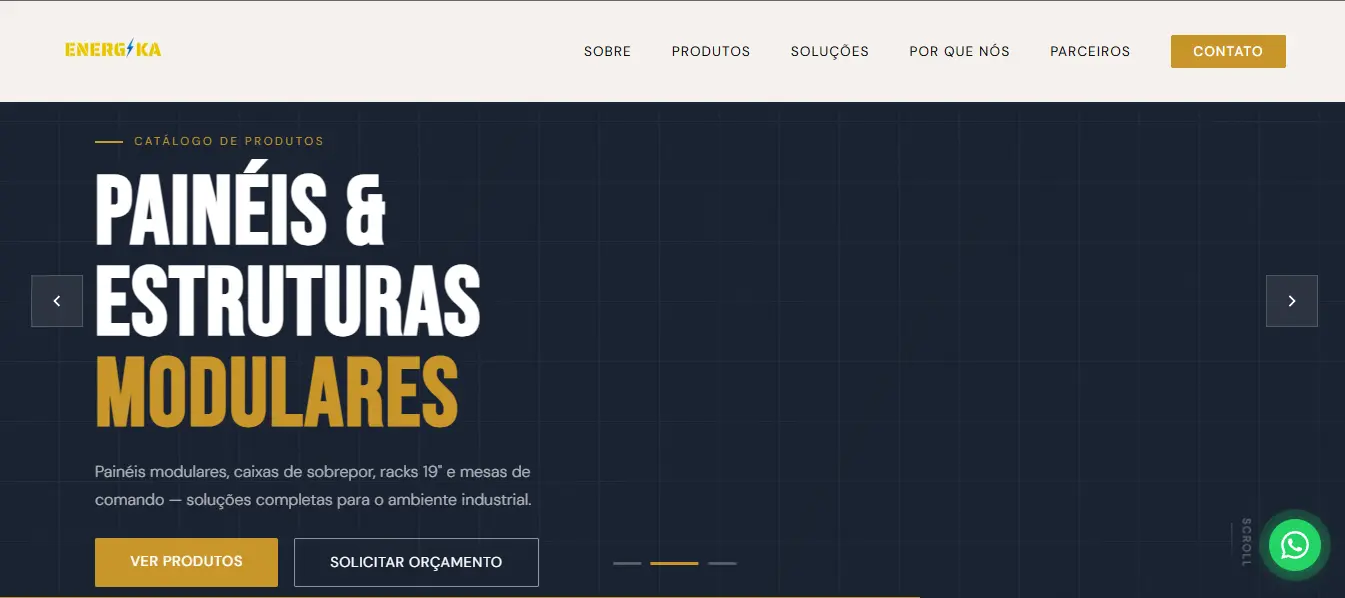Página inicial do site da Energika, empresa de painéis e estruturas modulares industriais