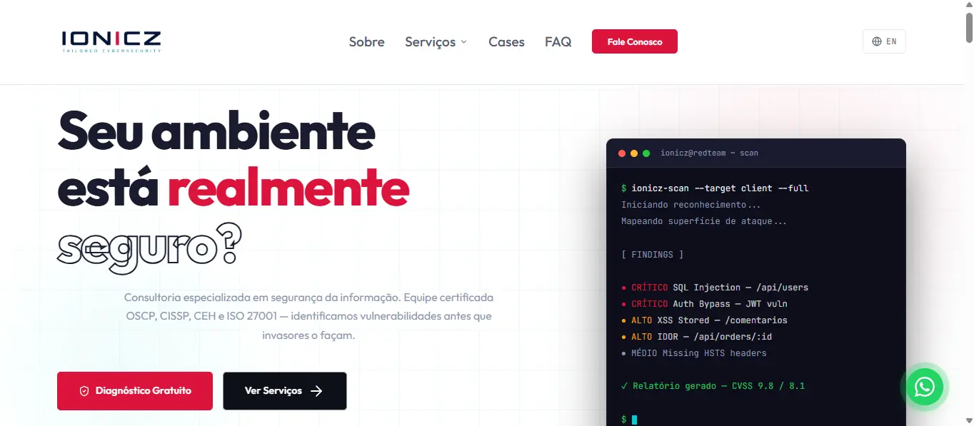 Página inicial do site da IONICZ, empresa de consultoria em cibersegurança